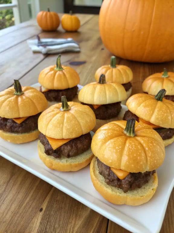 pumpkin shaped sliders beautifully arranged on a serving platter for a party