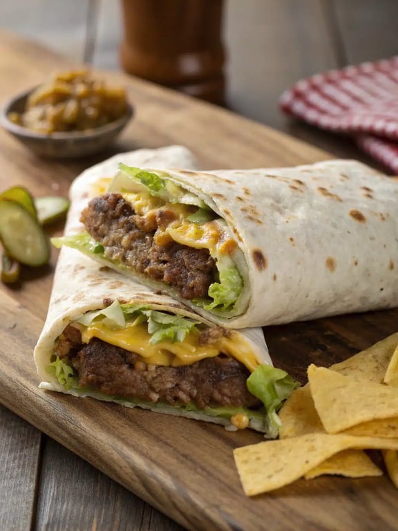 A plated sandwich wrap burger with a side of crispy fries and coleslaw