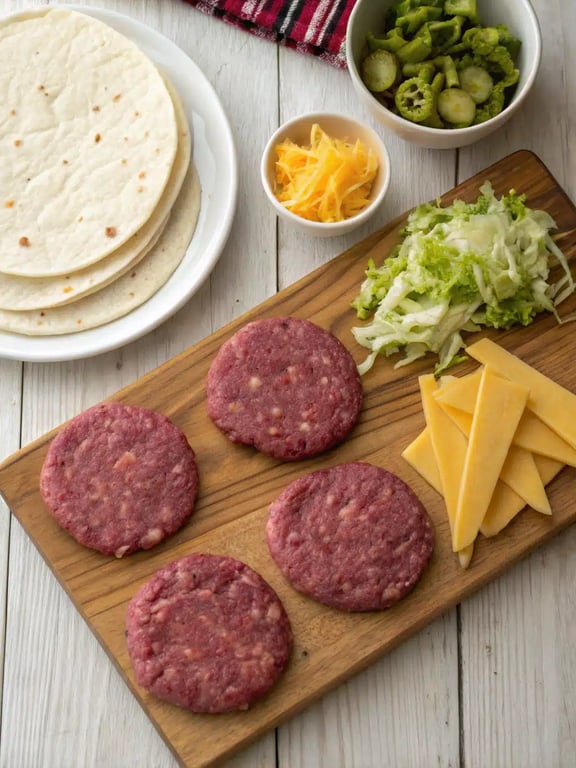 Assembling sandwich wrap burger Assembling a sandwich wrap burger with a patty and melted cheese on a tortilla