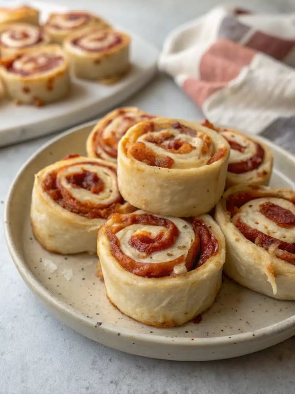 tortilla pizza rolls arranged on a wooden board with dipping sauces