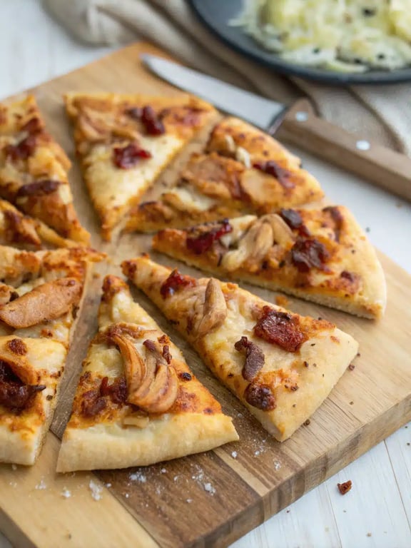 BBQ chicken pizza beautifully plated with fresh salad side
