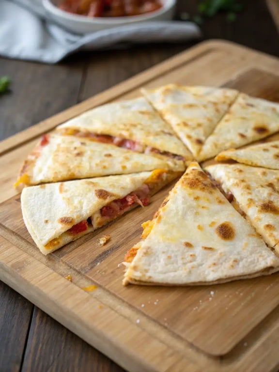 cheesy pizza quesadillas plated with dipping sauce and a side salad