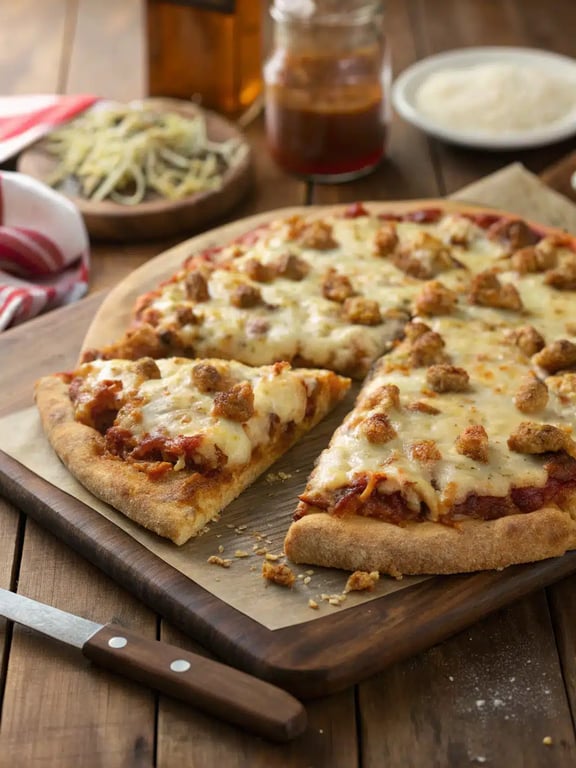 chicken crust pizza plated with salad A beautifully plated chicken crust pizza slice with a fresh side salad