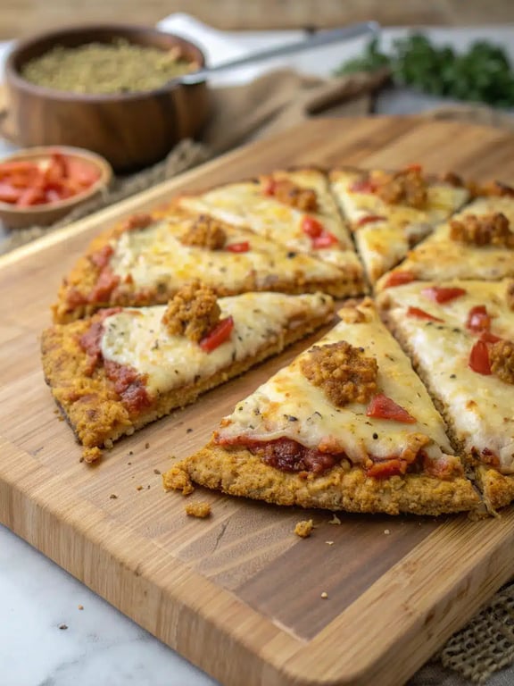 chicken crust pizza beautifully plated with fresh salad
