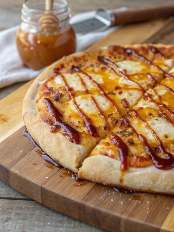 hot honey pizza beautifully plated with salad and lemon wedges