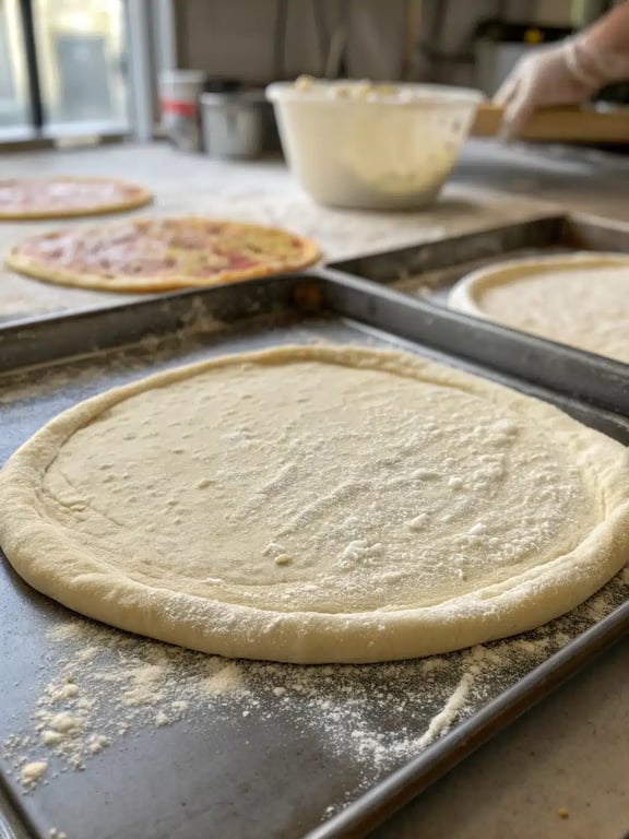 Final step for Italian pizza dough recipe — a stretched round of dough ready for toppings on a floured surface