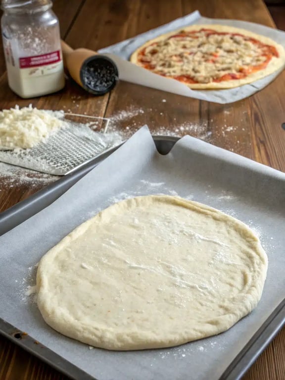 Final step for Joanna Gaines pizza dough — golden brown pizza fresh from the oven