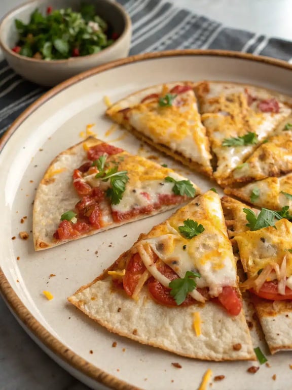 Mexican pizza recipe plated with fresh toppings and side salad