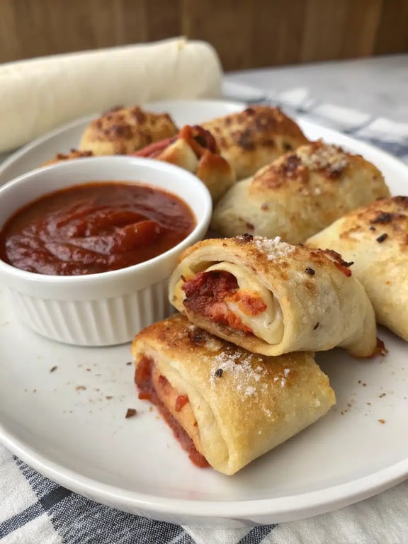 New York pizza rolls plated on a wooden board with dipping sauce