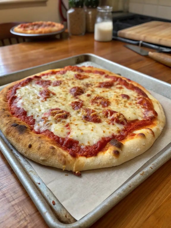 A beautifully topped no rise pizza dough ready for serving on a wooden board