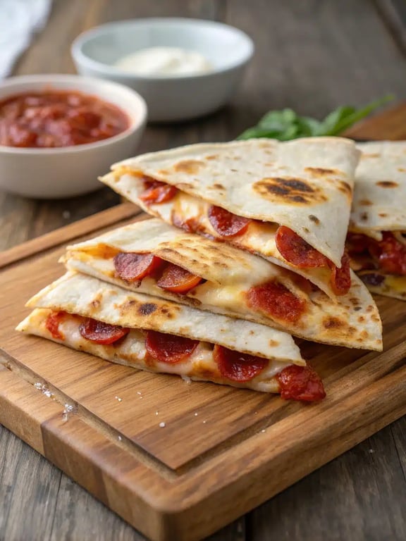 A platter of pepperoni pizza quesadilla wedges arranged around bowls of dipping sauces