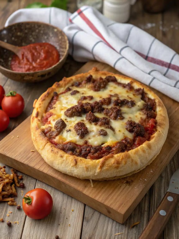 pizza burger pie served on a table with a fresh green salad and garlic bread