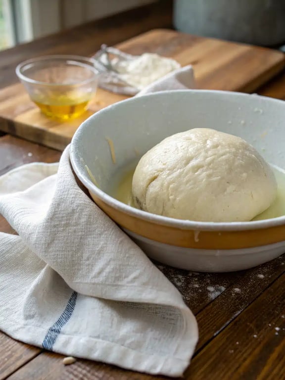 Punching down risen dough in a bowl for the best pizza dough