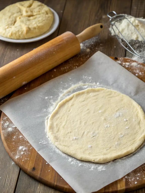 Final baked pizza with golden thin crust dough from our recipe