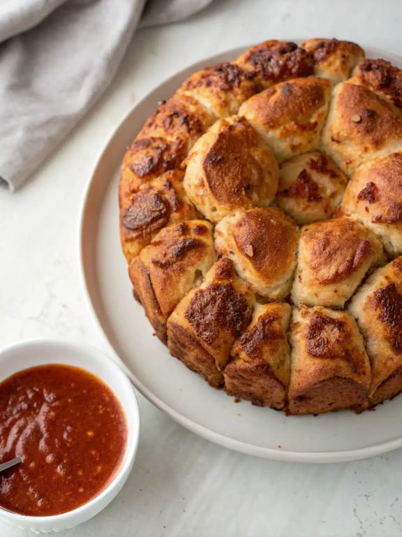 pizza monkey bread served on a platter with marinara sauce for dipping