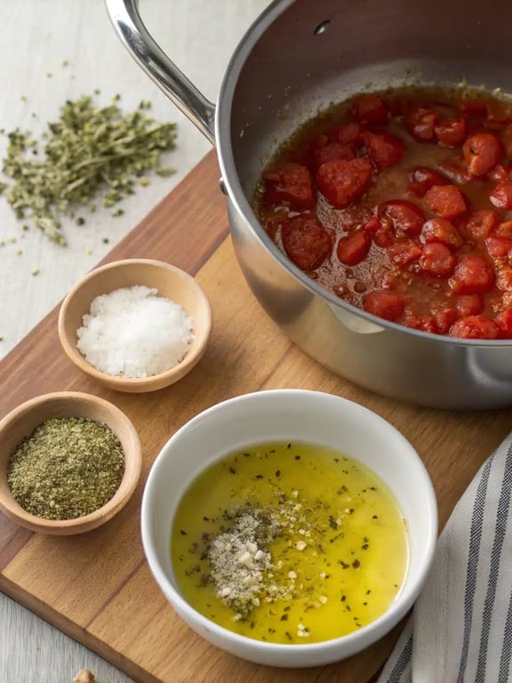 Step 4 for pizza sauce recipe — sauce simmering gently on the stovetop