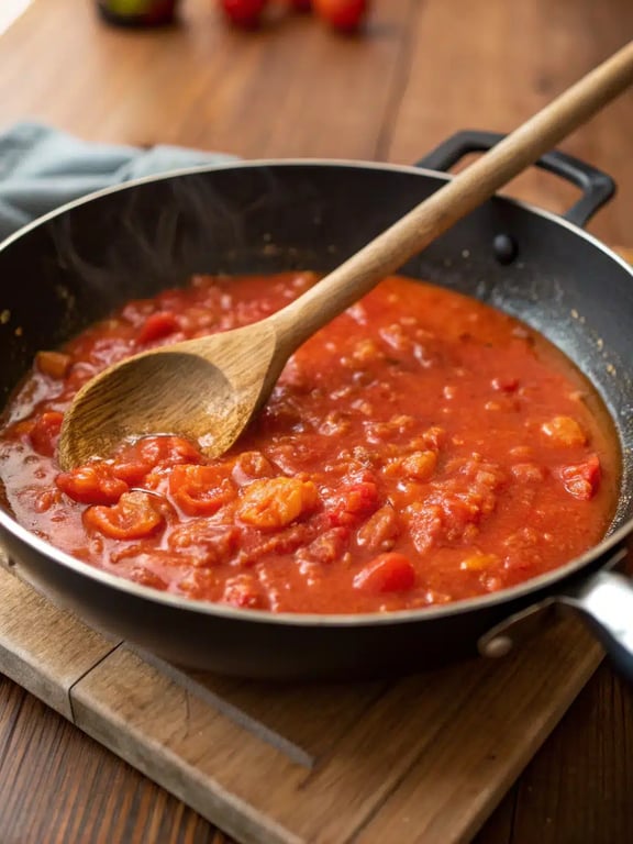 Final step for pizza sauce recipe — finished sauce in a jar with a spoon