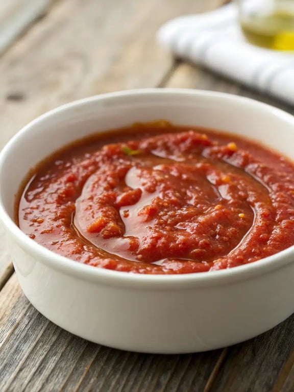 A wooden spoon scooping homemade pizza sauce recipe onto a fresh pizza crust