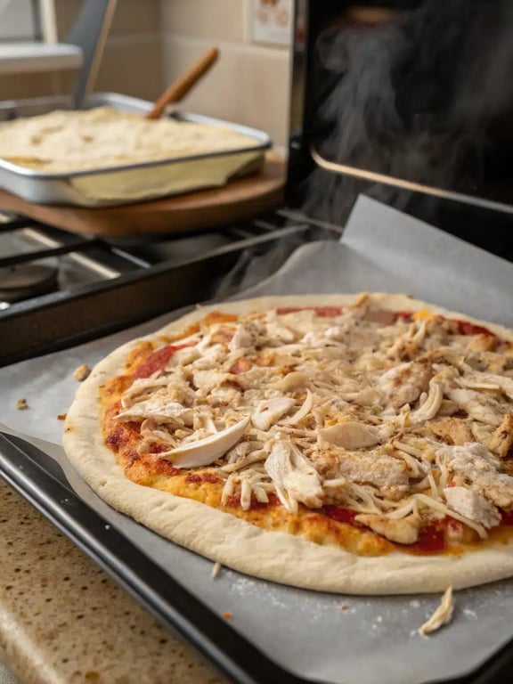 roasted chicken pizza — final step Final step for roasted chicken pizza — plated and ready