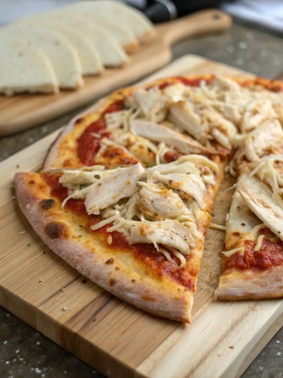roasted chicken pizza ready to serve A whole roasted chicken pizza on a wooden board, ready for slicing and serving