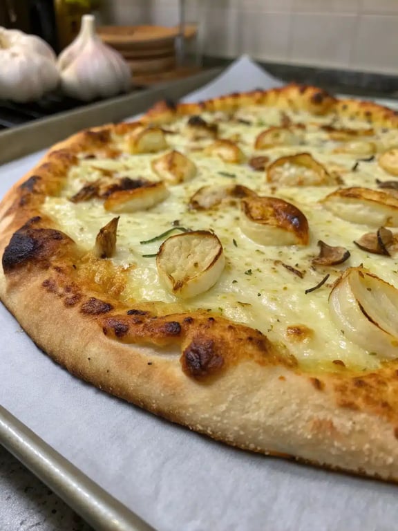 roasted garlic pizza plated with a fresh arugula salad on the side
