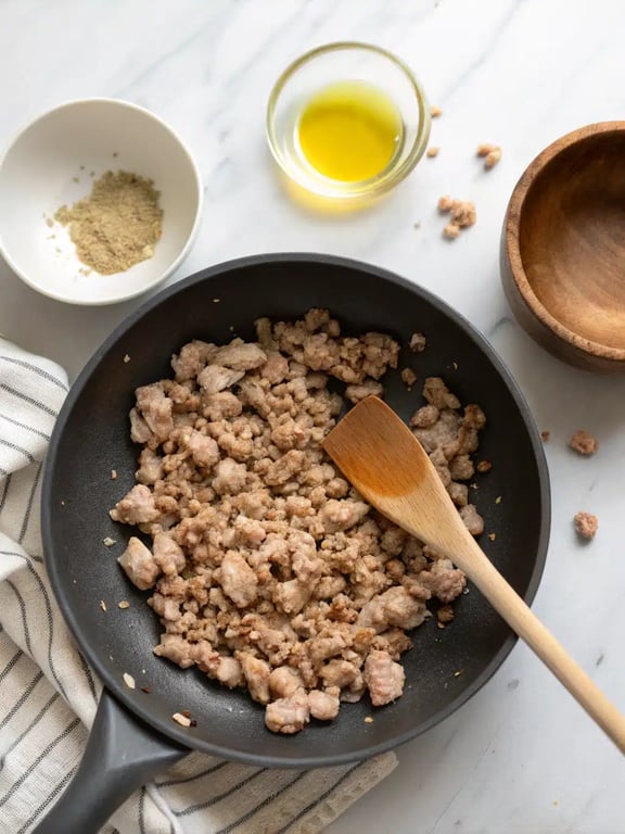 Step 2 for sausage feta pizza — process in progress