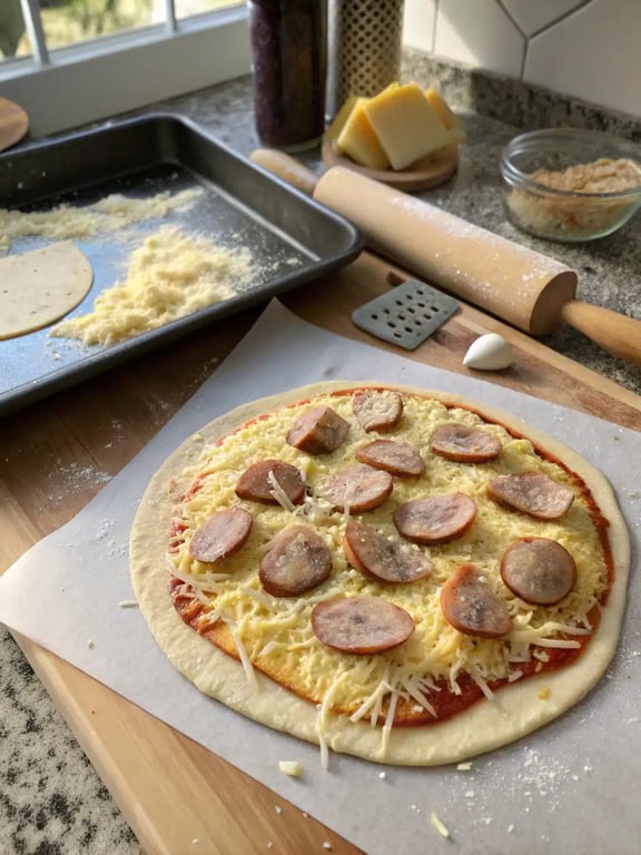 Final step for sausage feta pizza — plated and ready