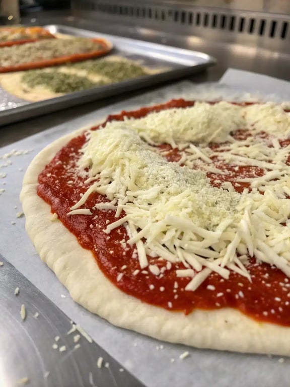 Step 4 for school cafeteria pizza recipe — a rectangular pizza topped with cheese and oregano before baking