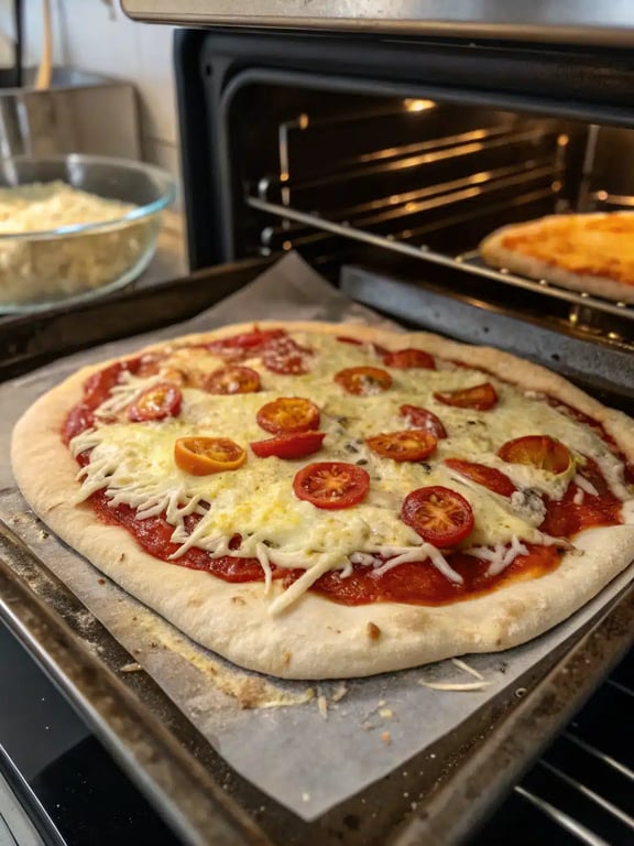 Final step for school cafeteria pizza recipe — a golden rectangle pizza sliced into squares on a cutting board
