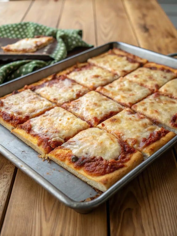 A whole sheet pan pizza served on a table with salad and drinks