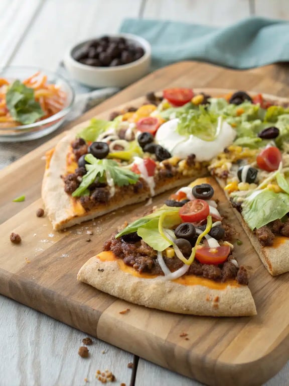 taco pizza recipe served on a wooden board with side toppings