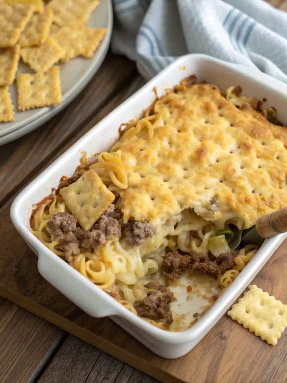 Amish casserole recipe plated with a fresh green salad on the side