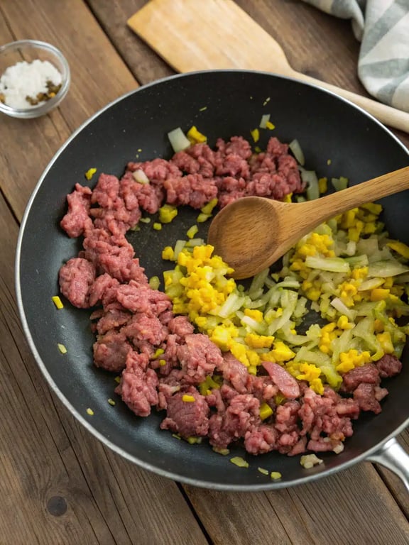 burrito casserole recipe — step 2 Step 2 for burrito casserole recipe — browning ground beef and onion in a skillet
