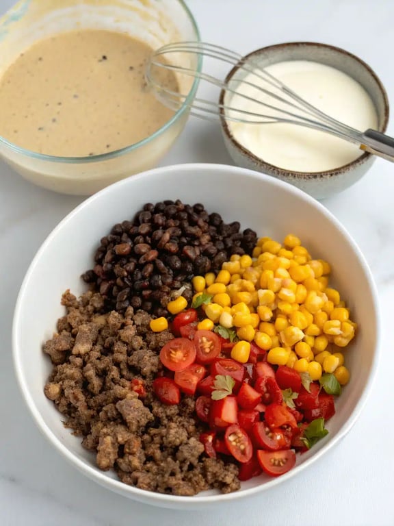 burrito casserole recipe — step 4 Step 4 for burrito casserole recipe — whisking creamy sauce in a bowl