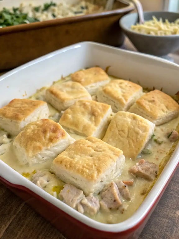 Step 4 for chicken biscuit casserole — biscuit pieces scattered over creamy chicken filling