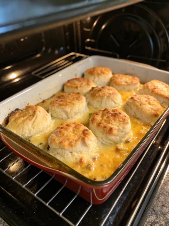 Final step for chicken biscuit casserole — golden brown and garnished with parsley