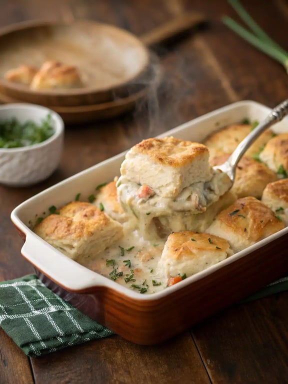 A beautifully plated chicken biscuit casserole with a side salad and roasted vegetables