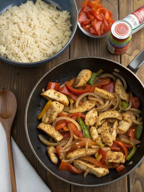 Step 4 for chicken fajita casserole — layering chicken and veggies over rice in a baking dish