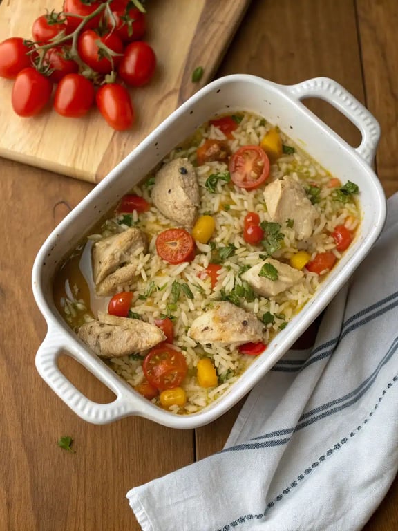 Final step for chicken fajita casserole — plated and ready with melted cheese and cilantro garnish