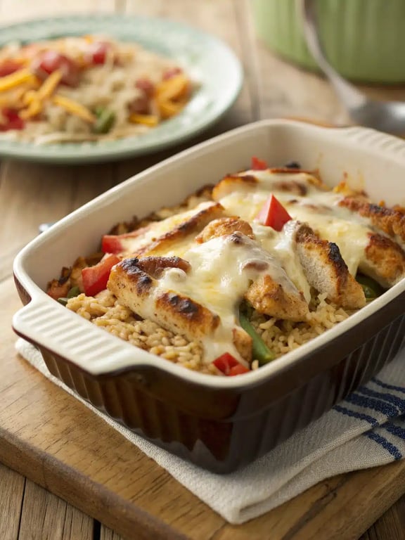 chicken fajita casserole served on a plate with fresh lime and avocado slices