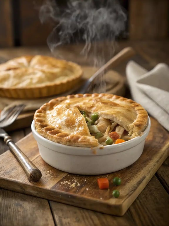 chicken pot pie served on a plate with salad and roasted vegetables