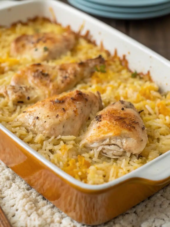 chicken rice casserole plated with side salad and bread