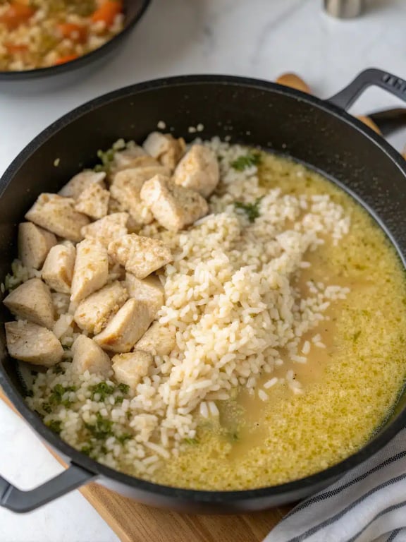 Step 4 for chicken rice casserole — texture check