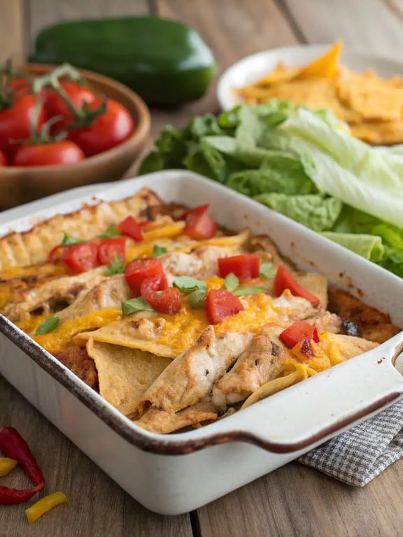 chicken taco casserole served on a plate with fresh garnishes