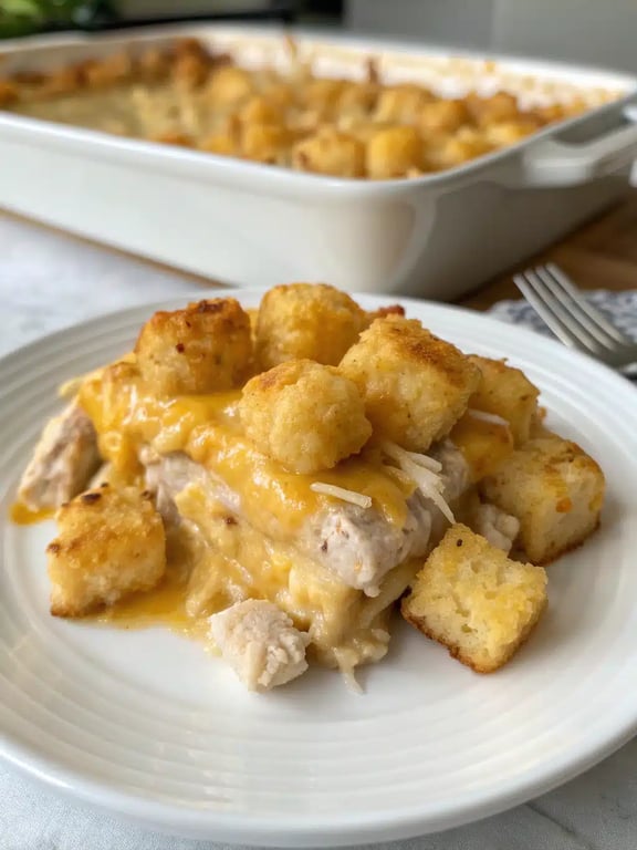chicken tater tot casserole plated with a fresh green salad on the side