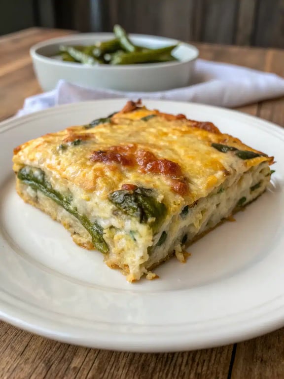 chile relleno casserole plated with a fresh green salad and lime wedge