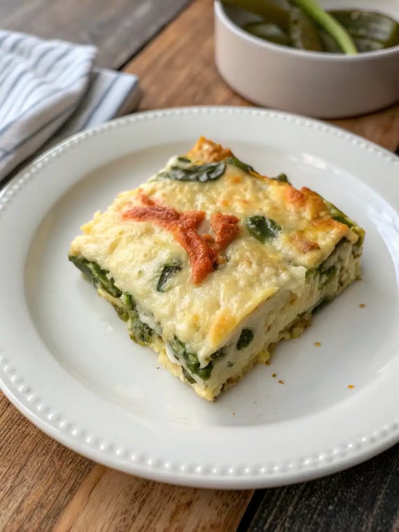 chile relleno casserole served on a plate with rice and salad