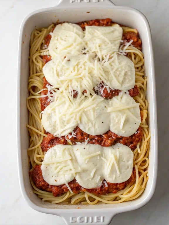 Final step for Cream Cheese Spaghetti Casserole — plated and ready