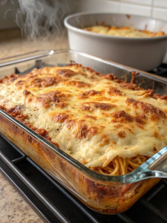 Cream Cheese Spaghetti Casserole plated with a side salad and bread
