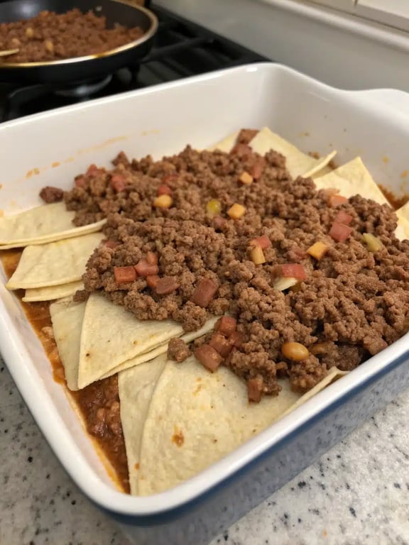 Step 4 for creamy burrito casserole — texture check